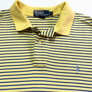 NICE! RALPH LAUREN POLO YELLOW & NAVY BLUE STRIPED COTTON S/S GOLF SHIRT LARGE